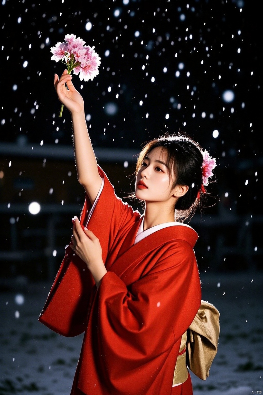 a Japanese woman, dressed in a red kimono, is holding a bouquet of pink flowers in her right hand. Her left hand is raised in the air, while her right arm is bent at the elbow. Her right hand is resting on her hip, adding a touch of balance to her face. The backdrop, blurred out, is a stark black, creating a stark contrast to the woman's outfit.