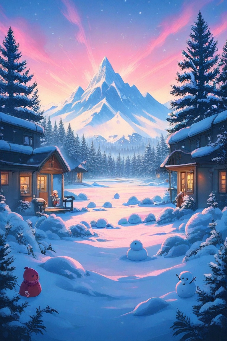 A Ghibli anime-style scene of a serene snowy landscape with tall pine trees draped in snow,  small snowman figurines scatt...