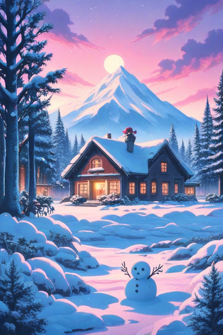 A Ghibli anime-style scene of a serene snowy landscape with tall pine trees draped in snow,  small snowman figurines scatt...