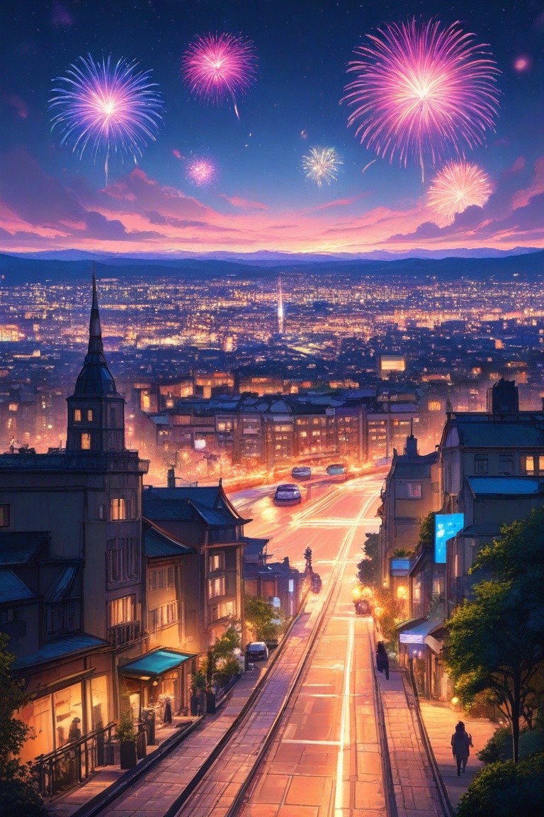 A sweeping cityscape at dusk,  reminiscent of Ghibli's whimsical worlds,  as a metropolitan skyline transforms into a kale...