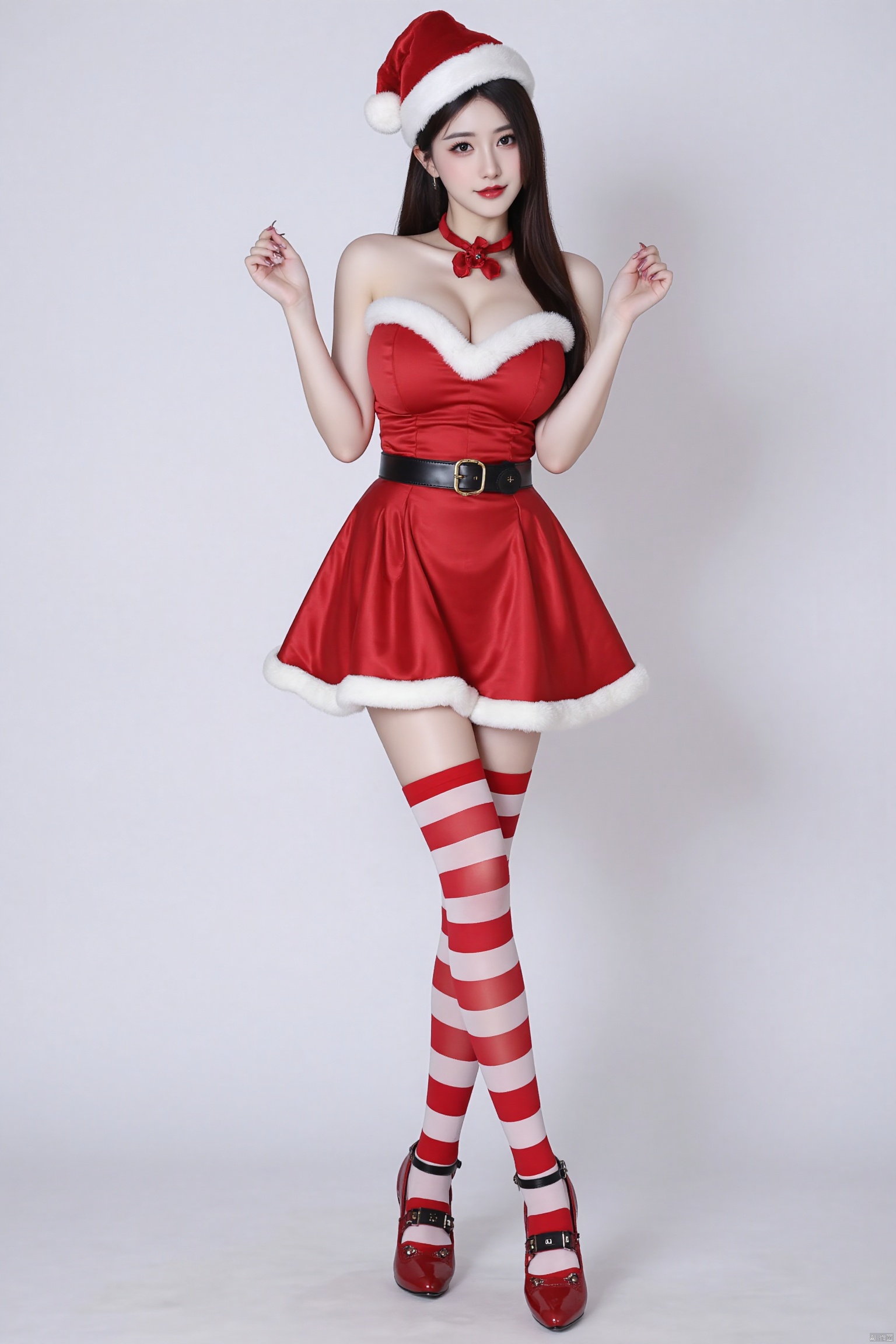 a woman in a red and white dress,adorned with a black belt,She is wearing a pair of red socks with white stripes on them,
and red high-heeled boots with black straps.Wearing a red Christmas hat
﻿