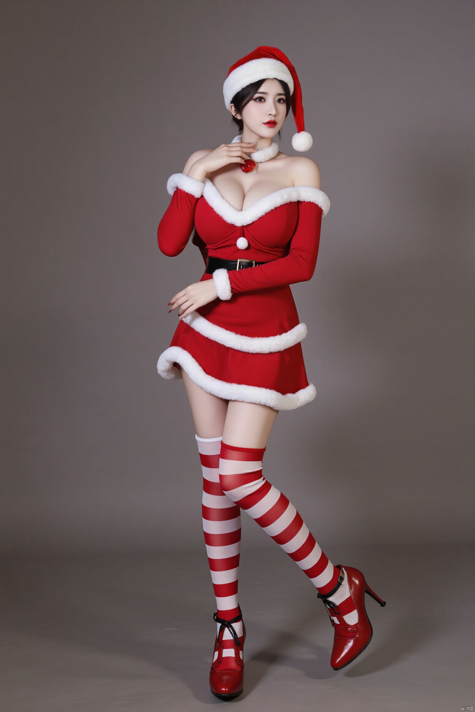 a woman in a red and white dress,adorned with a black belt,She is wearing a pair of red socks with white stripes on them,
and red high-heeled boots with black straps.Wearing a red Christmas hat
﻿