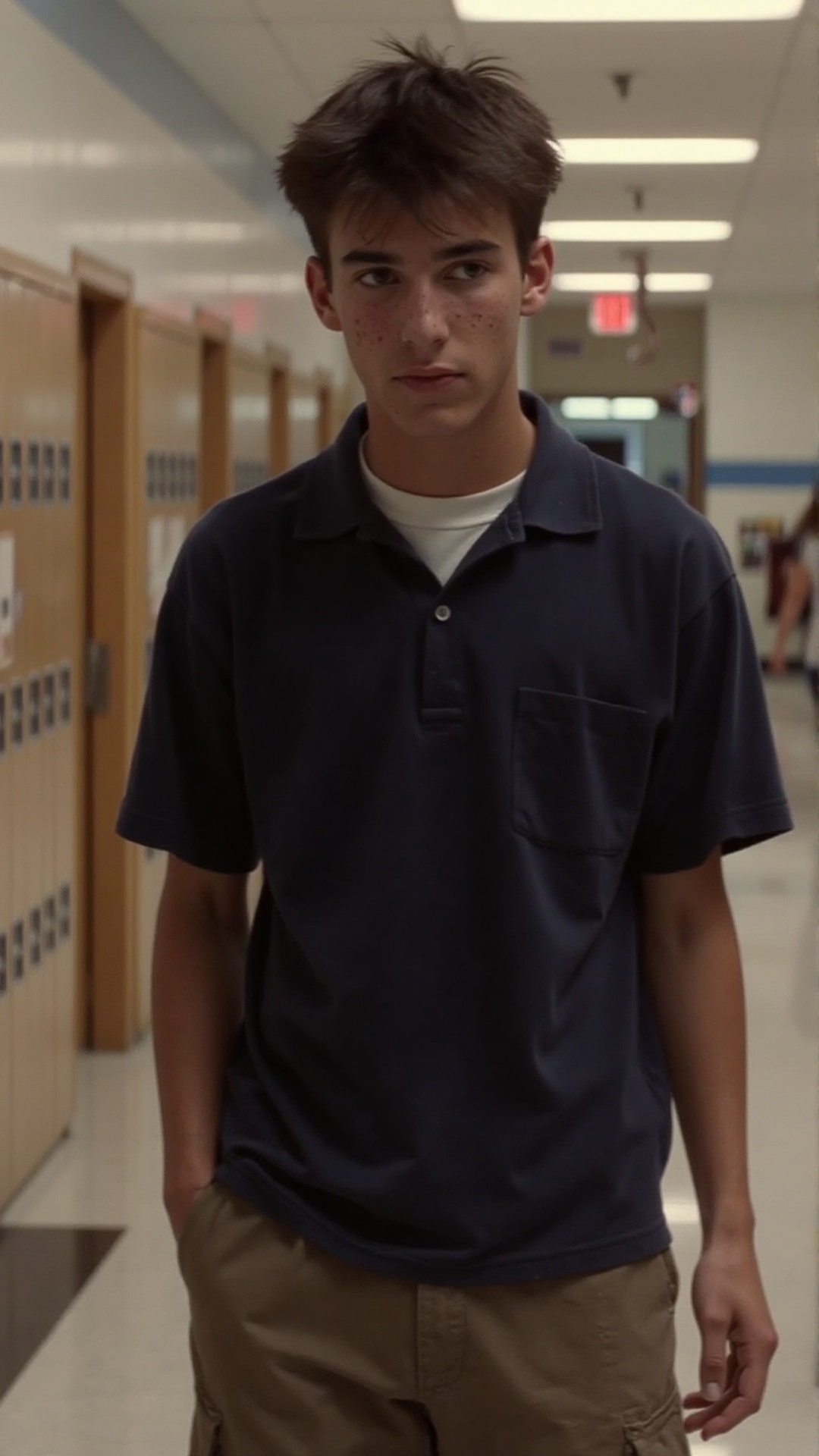 A scrawny and thin high school boy in a bustling high school hallway lined with lockers. He has a slightly awkward posture...