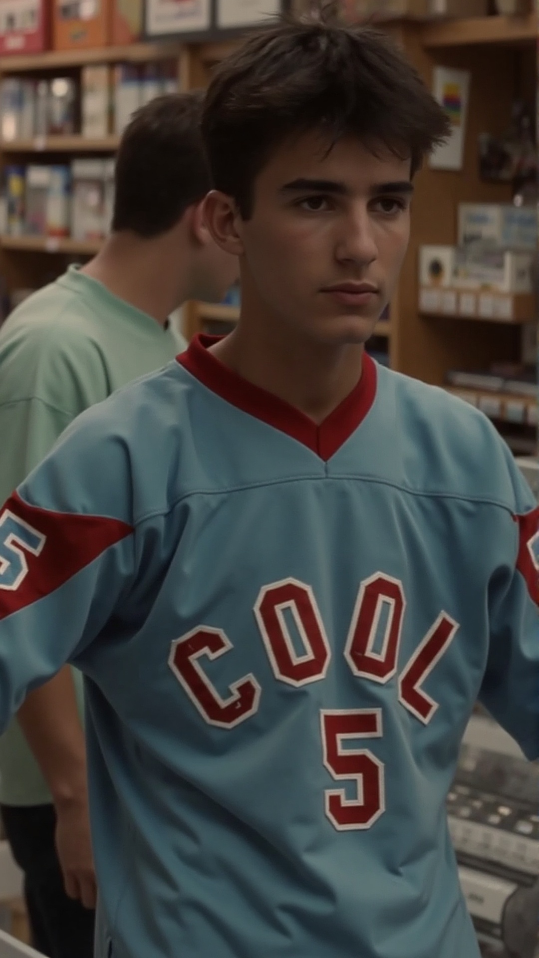 a young man stands in front of a store display. He is wearing a light blue jersey with the words "COOL 5" written in red a...
