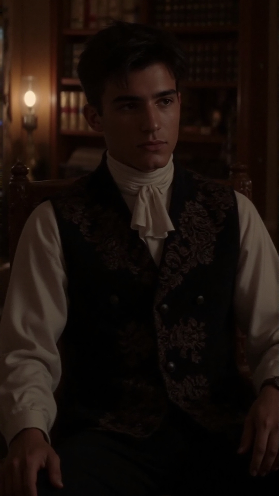 A cinematic portrait of a young 19th-century nobleman,  his sharp,  handsome features framed by jet-black hair that falls...