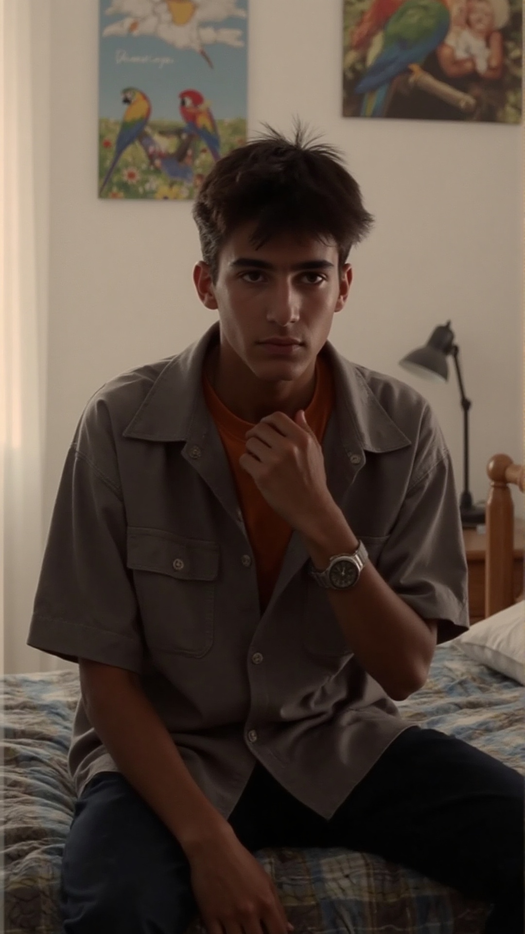 A youthful Hispanic teenager sits on the edge of his neatly made bed in a modest,  sunlit bedroom. The room has an artisti...