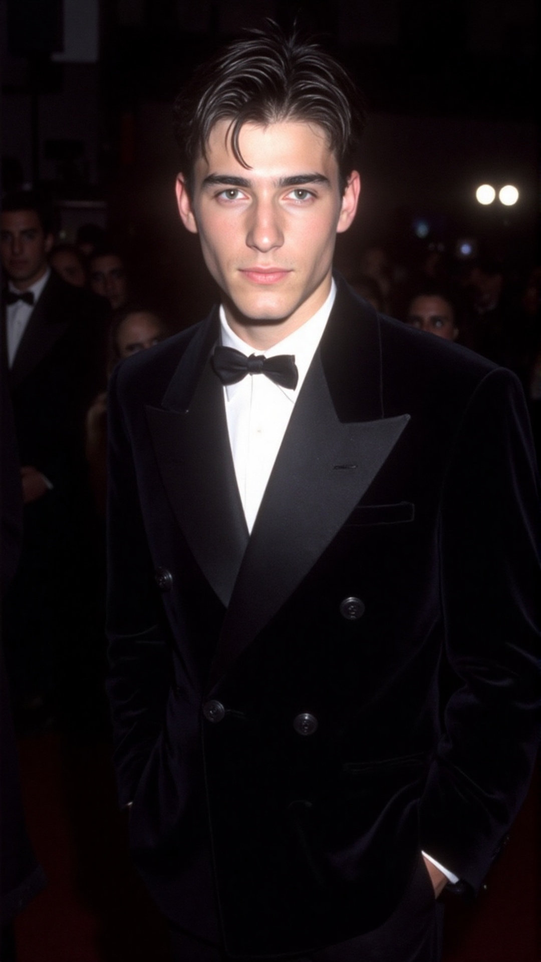a 2000s paparazzi photo of a 18 years old handsome young man,  he is wearing a black velvet tuxedo by Gucci by Tom Ford. H...
