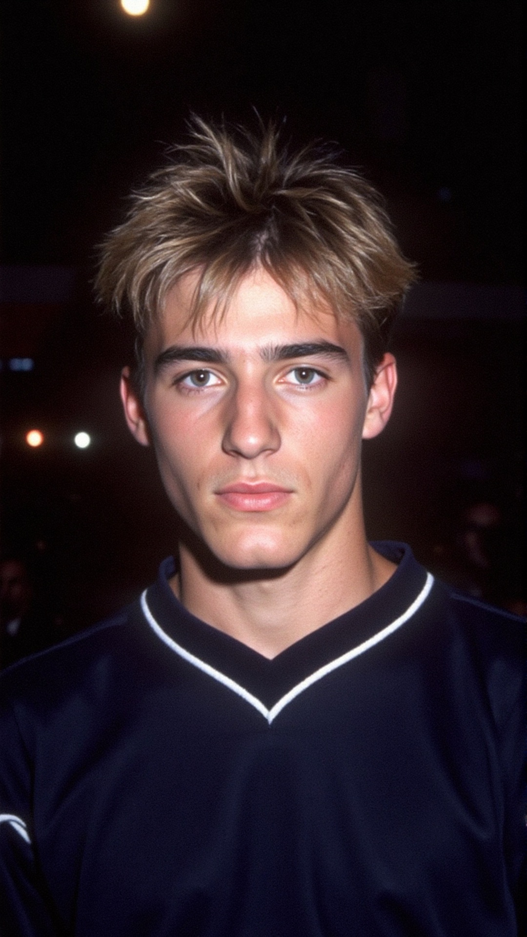 a 2000s paparazzi photo of a 18 years old handsome young man,  he is wearing a tight dark blue soccer jersey. He is very a...