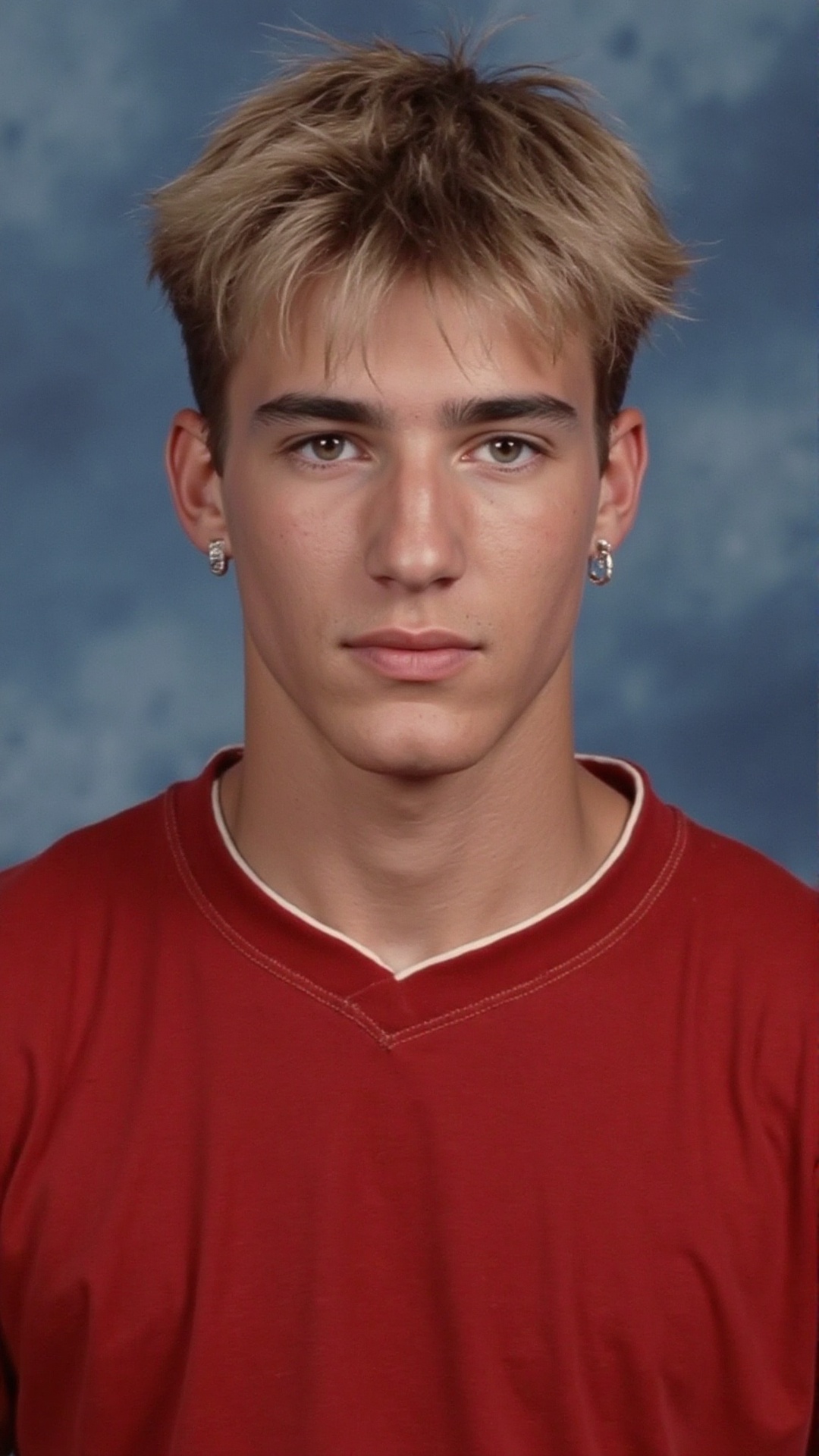 Senior High School Yearbook Photo: A portrait image of a handsome male model with bleached hair and defined jawline,  posi...