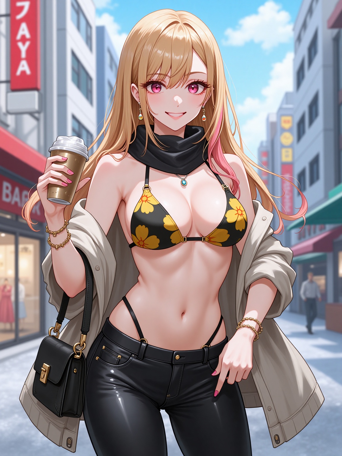 photorealistic,  realistic background at snowy Tokyo street near a shopping mall,  a cool fashion girl marin with blonde a...