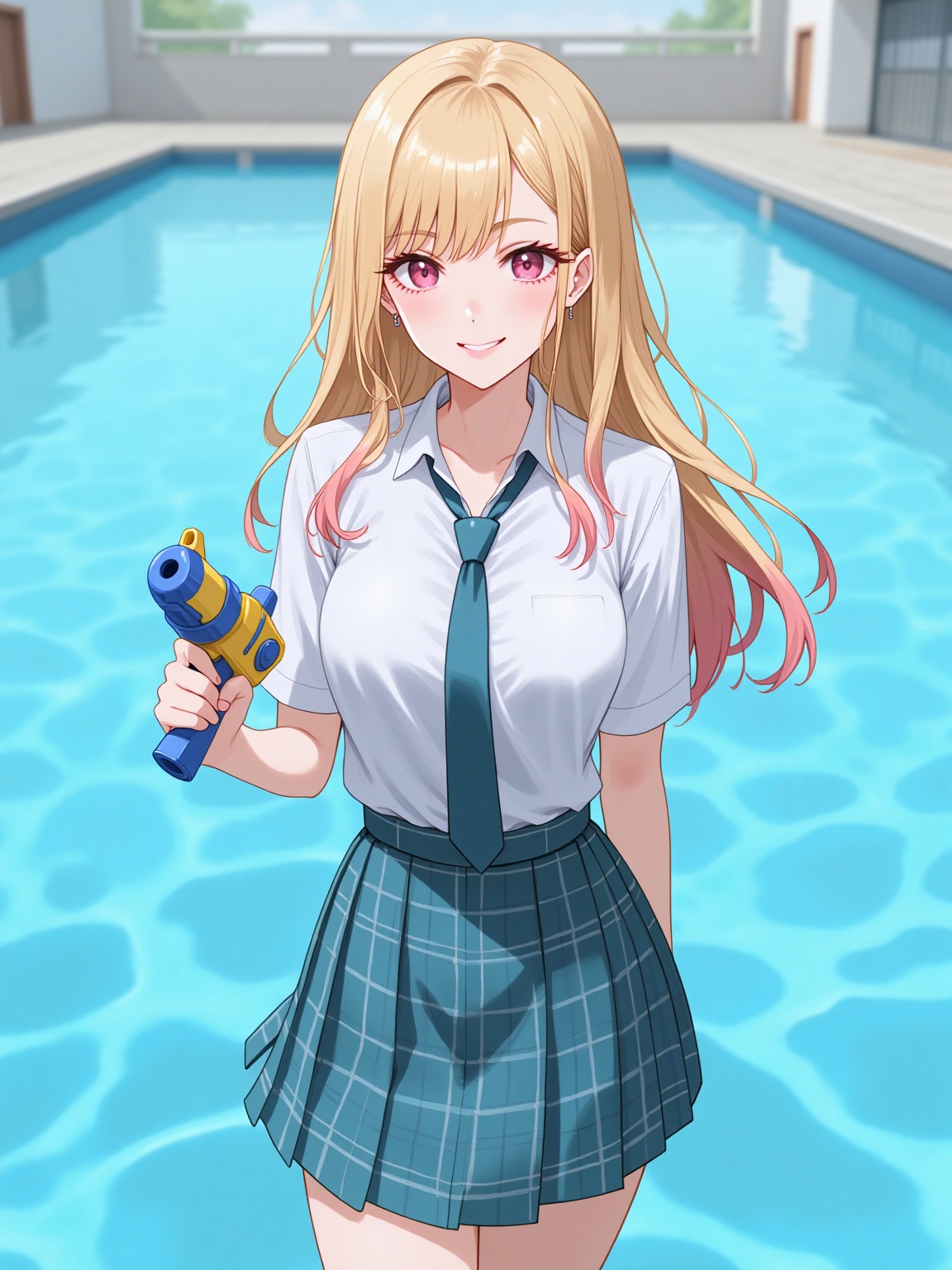 photorealistic,  realistic background at school swimming pool,  a marin with blonde and multicolored hair on Tensor.Art
