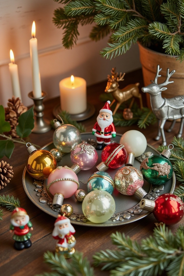 A collection of vintage Christmas ornaments displayed on a rustic wooden table,  including hand-blown glass baubles in sof...