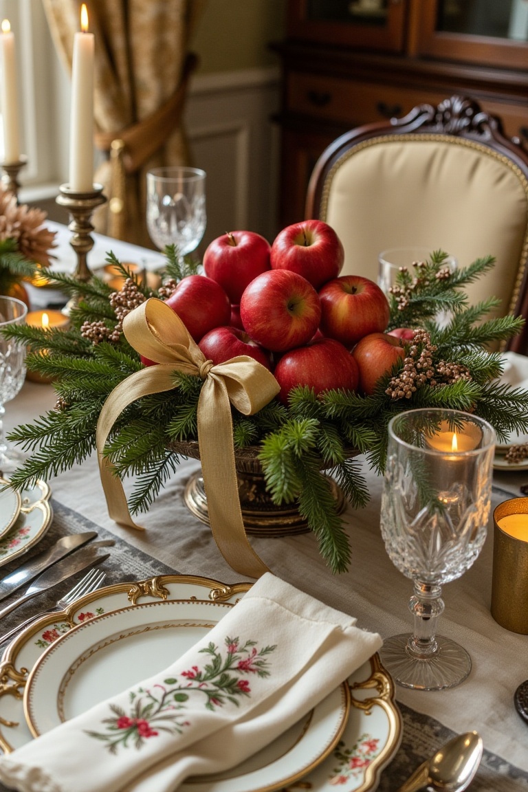 A vintage centerpiece for a Christmas dinner table,  featuring an antique silver tray with an arrangement of red apples,...