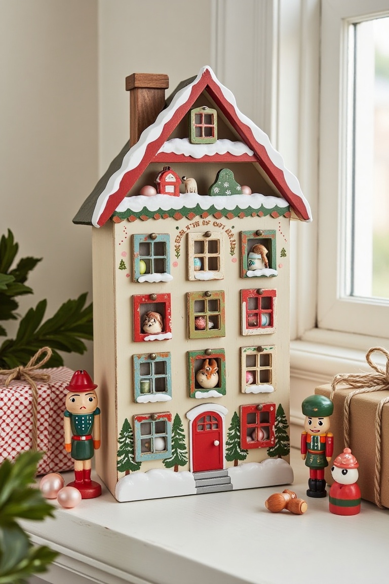 A vintage advent calendar in the shape of a snowy house,  made from wood and painted in soft,  faded colors. Each tiny doo...