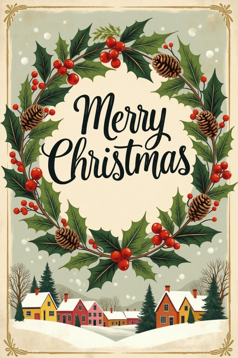 A vintage postcard-style illustration featuring the words Merry Christmas in elegant,  hand-lettered script,  surrounded b...