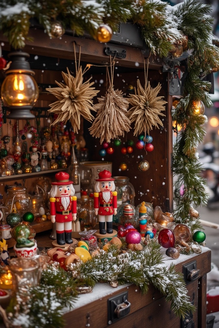 An old-fashioned Christmas market stall selling handmade vintage decorations: wooden nutcrackers,  straw stars,  glass bau...
