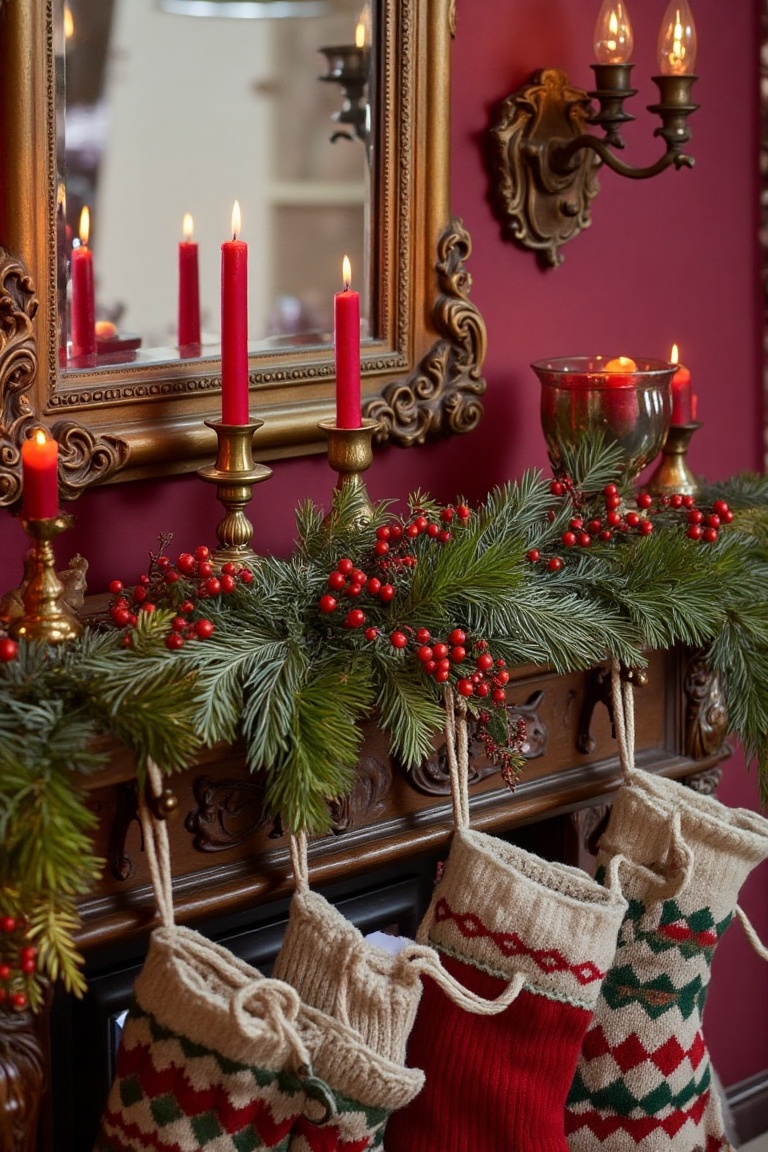 A vintage holiday mantelpiece adorned with classic decorations: a garland of pine and red berries,  brass candleholders wi...