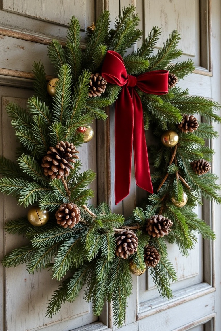 A quaint vintage wreath made of real evergreen branches,  pinecones,  and red velvet ribbon on Tensor.Art