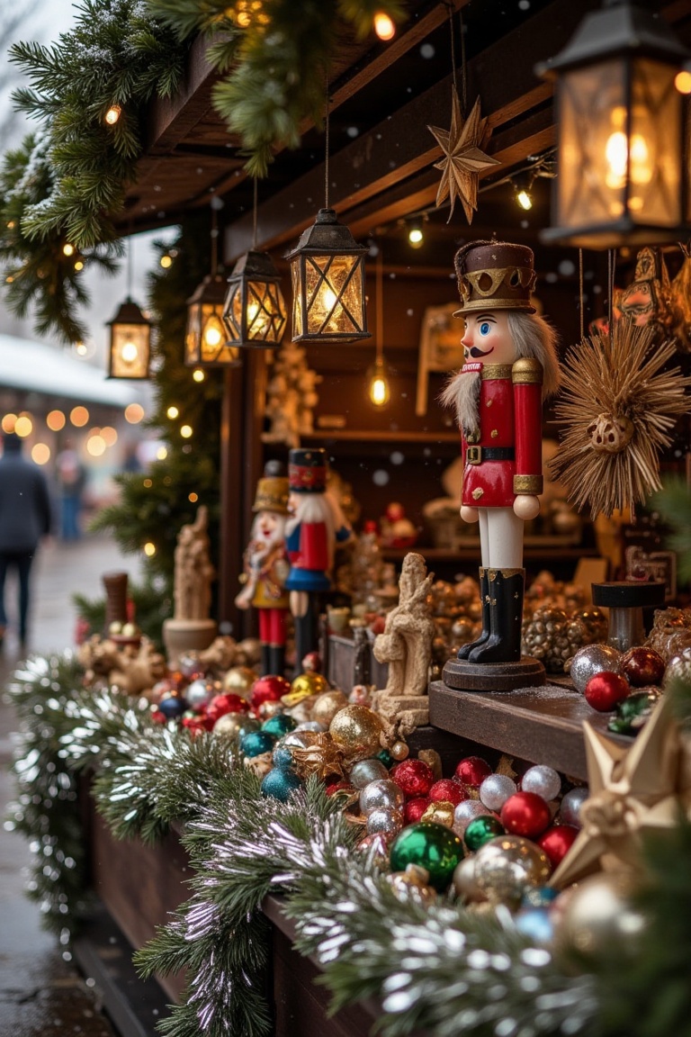 An old-fashioned Christmas market stall selling handmade vintage decorations: wooden nutcrackers,  straw stars,  glass bau...
