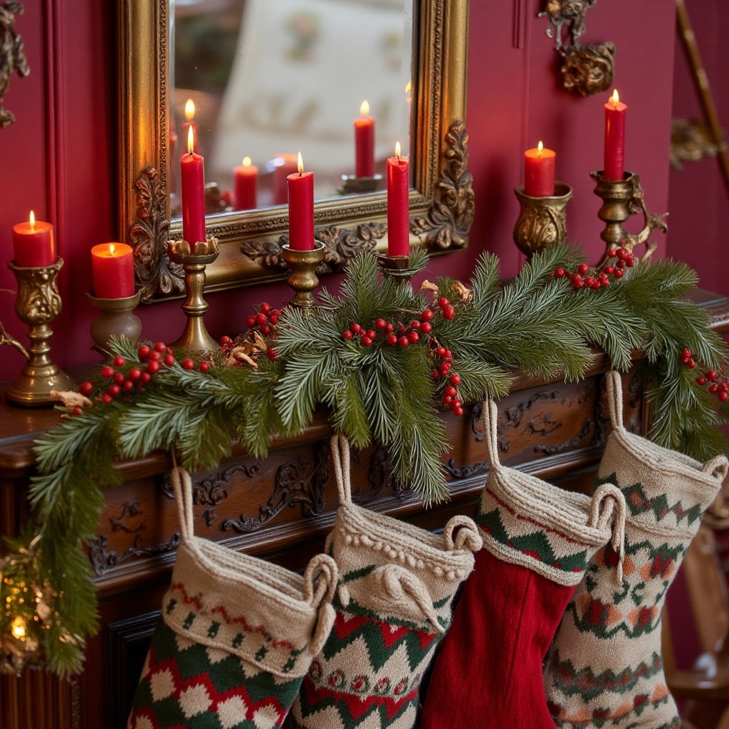 A vintage holiday mantelpiece adorned with classic decorations: a garland of pine and red berries,  brass candleholders wi...