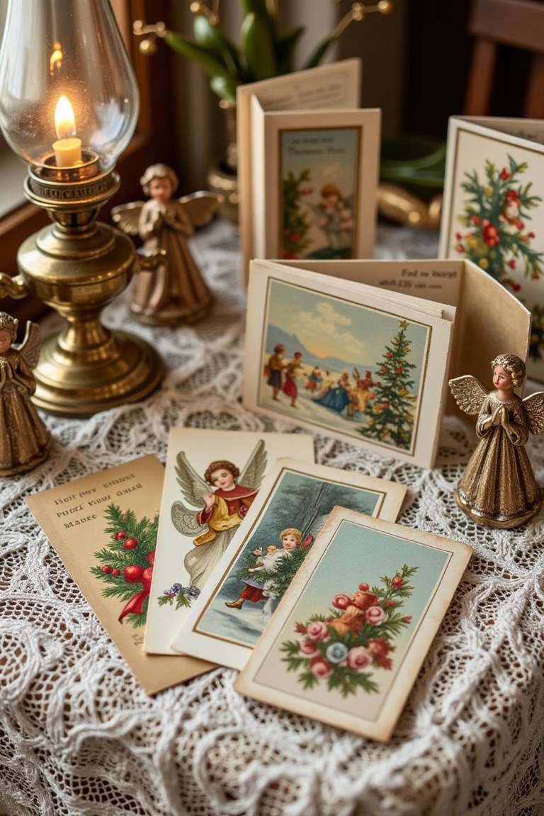 A display of vintage holiday cards with hand-painted winter scenes,  delicate calligraphy,  and gilded edges on Tensor.Art