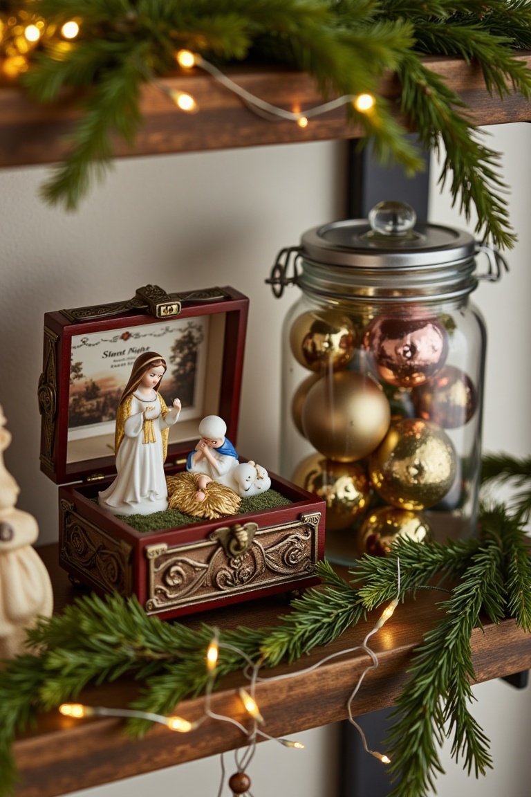 charming vintage display of holiday decorations on a small wooden shelf,  featuring a porcelain nativity set,  a music box...