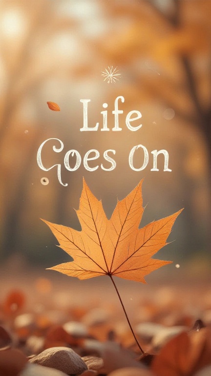 Against a soft focus autumnal backdrop,  a delicate orange-hued maple leaf drifts effortlessly,  its veins and edges subtl...