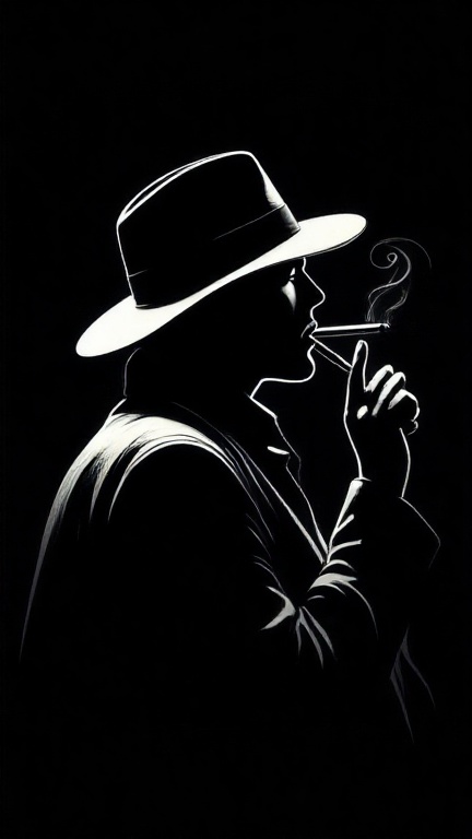 a minimalist graphic illustration of a mysterious figure in profile,  wearing a wide-brimmed hat. The figure should appear...