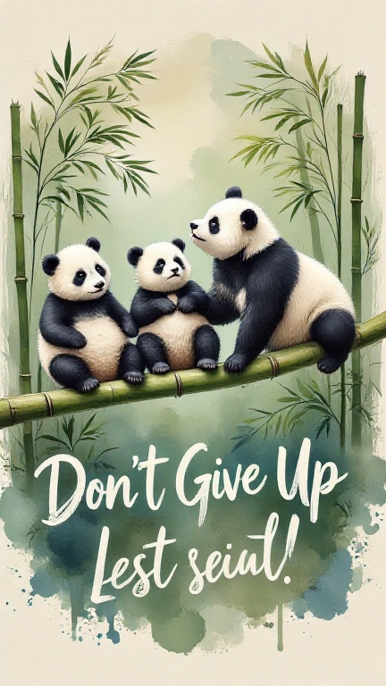 Watercolor splash with loose watercolor style of a minimalistic serene scene unfolds as three pandas perch upon a sturdy g...