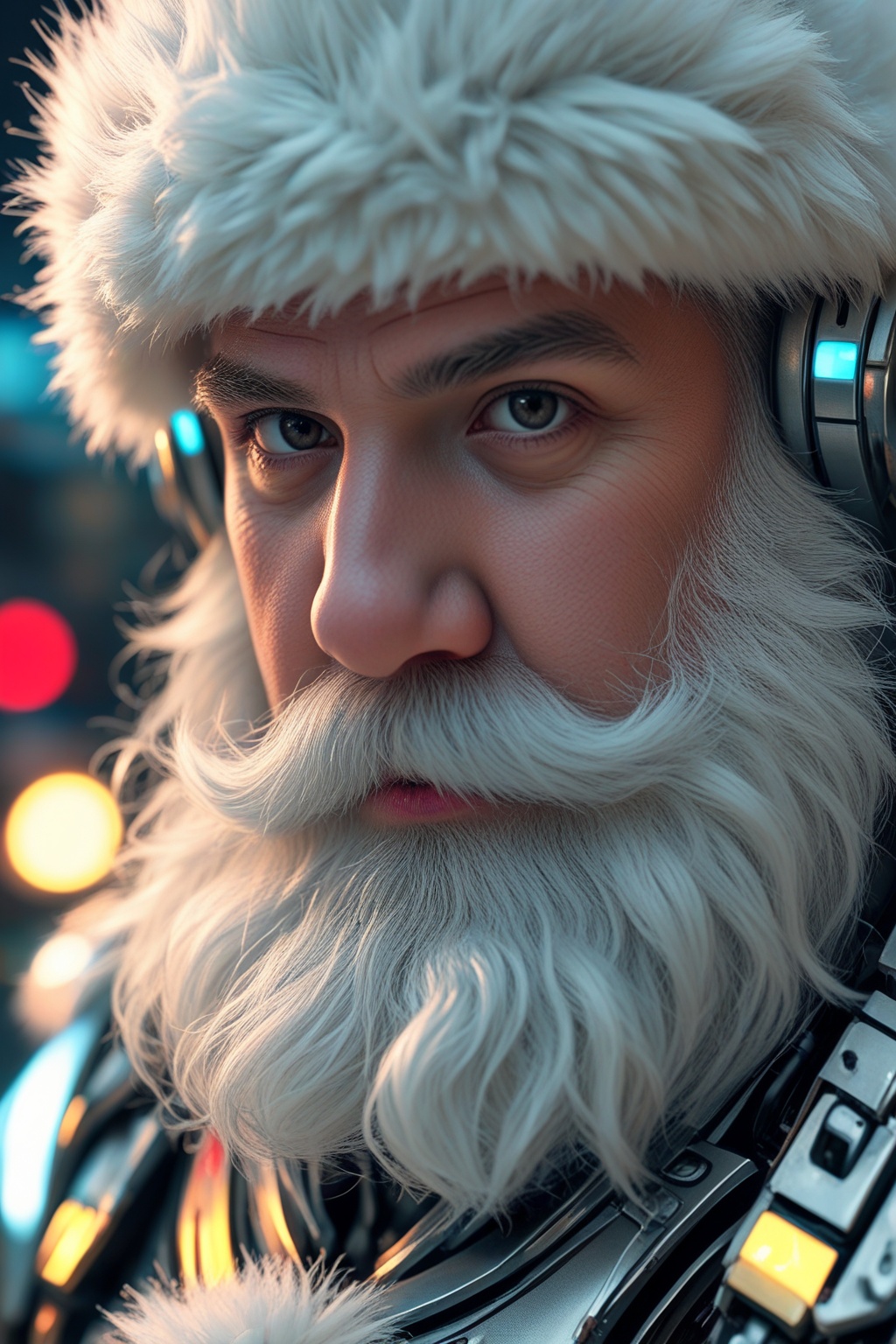 Extreme macro close-up,  gentle soft light,  cyberpunk Santa Claus on Tensor.Art
