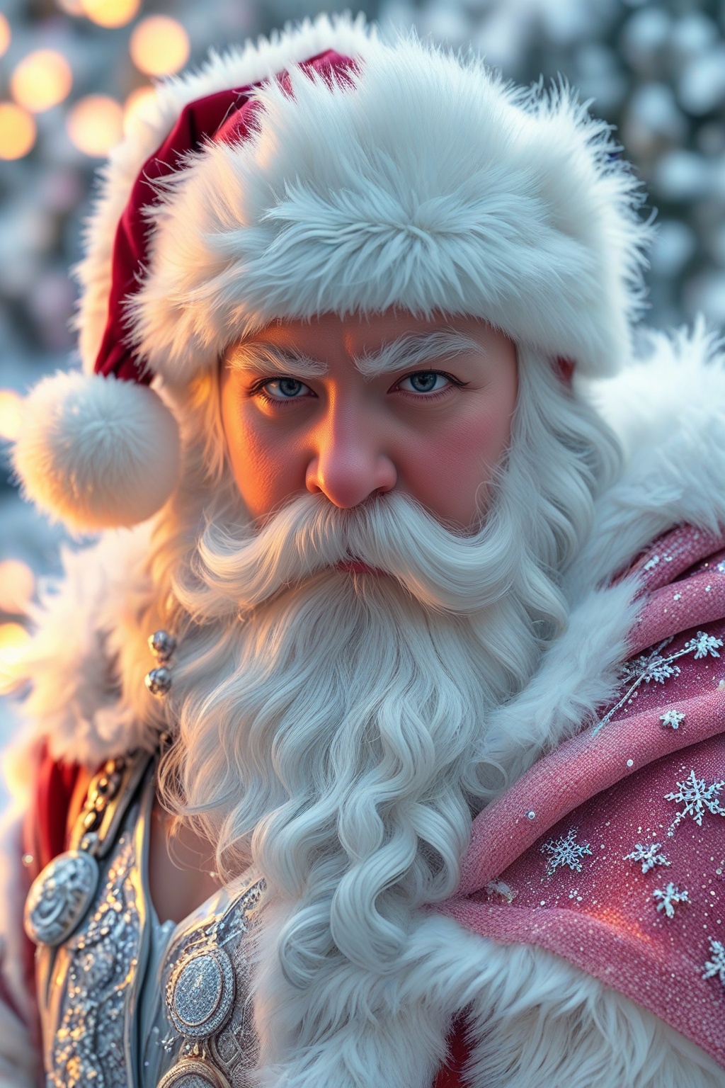 A masterful ice sculpture of Santa Claus,  intricately carved with delicate features and a twinkling expression. The ice g...