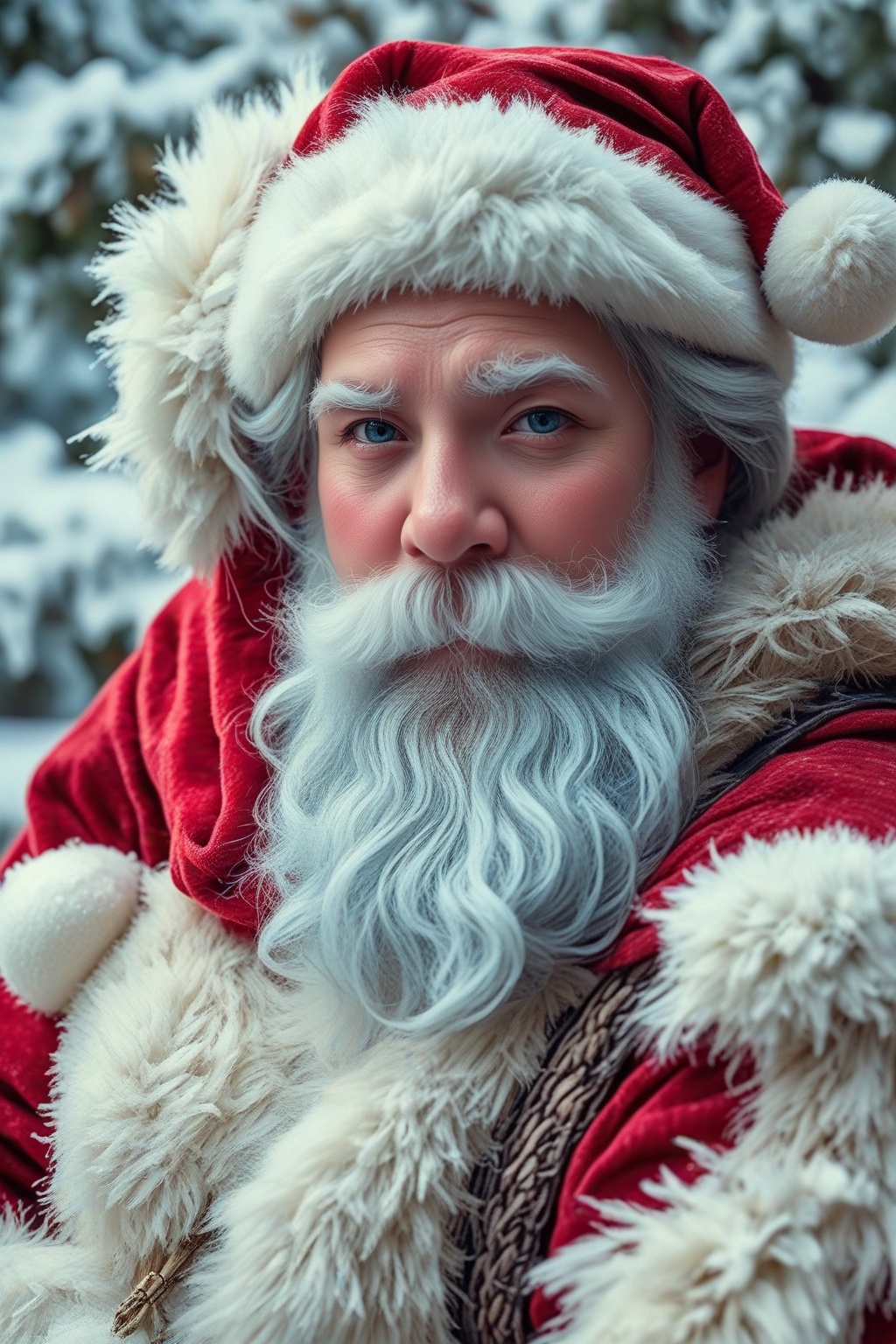 Cool color palette. Fine art photography of an adorable,  charming ice sculpture of Santa Claus with delicate features and...