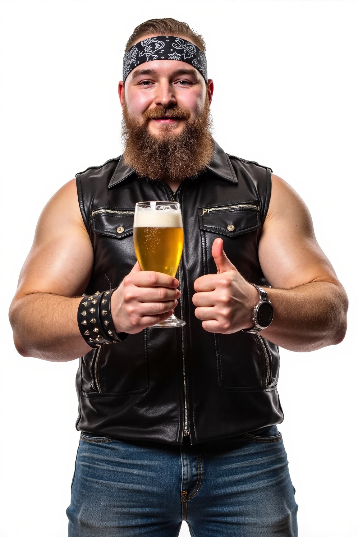A high-resolution photo of a muscular man in a biker or rock star-inspired outfit. He has a full,  thick beard and is wear...
