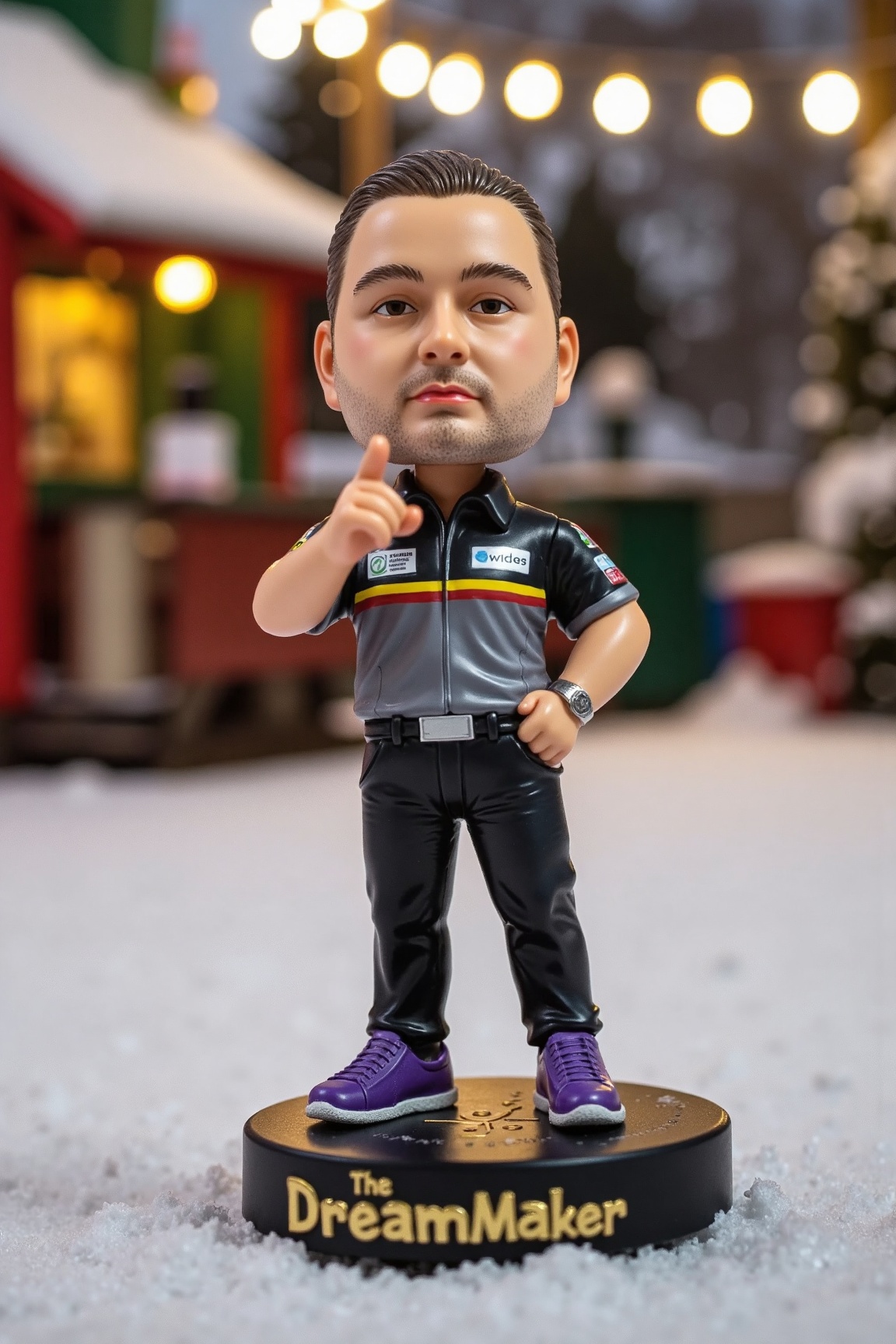 A high-resolution photo of a detailed,  miniature bobblehead action figure of d1m1vdb,  a man standing on a round on Tenso...