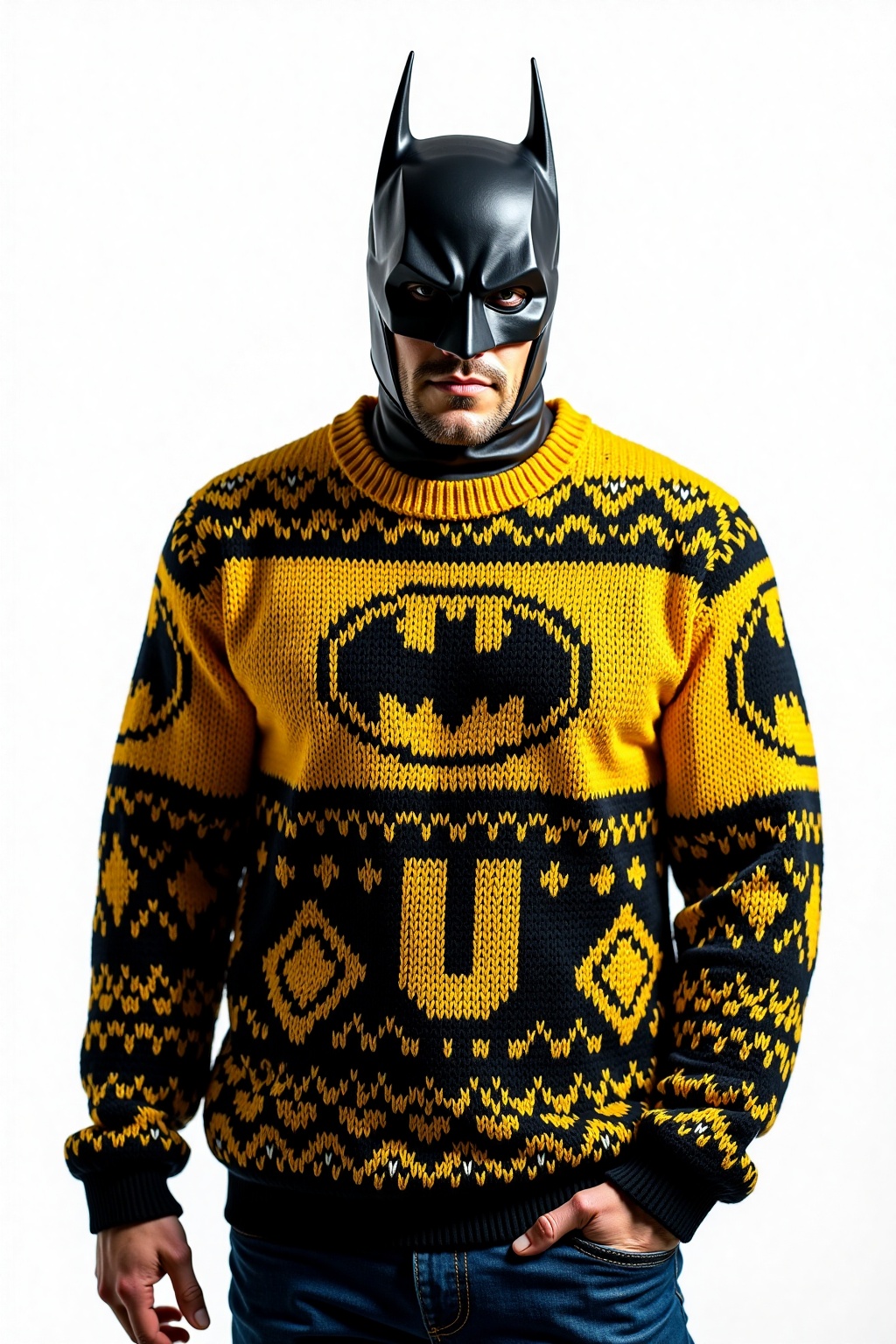 (batman) wearing yellow ugly sweater with pattern depicting a text I ❤️ U,  white background on Tensor.Art