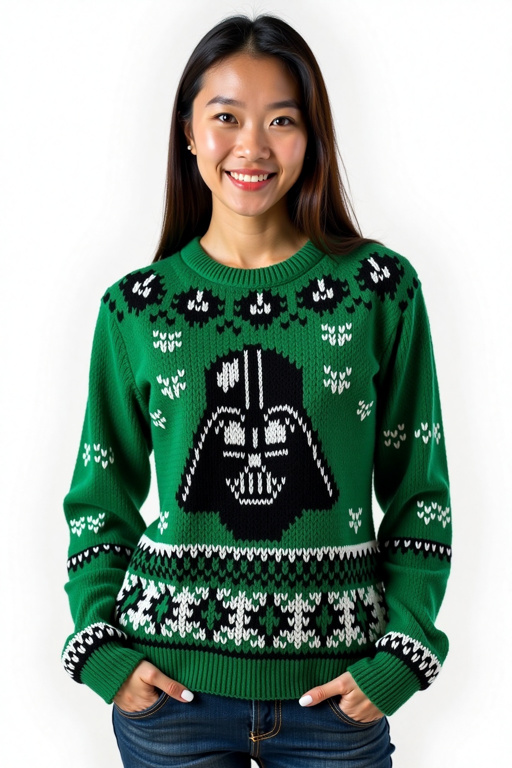 a asian woman wearing green ugly sweater with pattern depicting a dart vader head,  white background on Tensor.Art