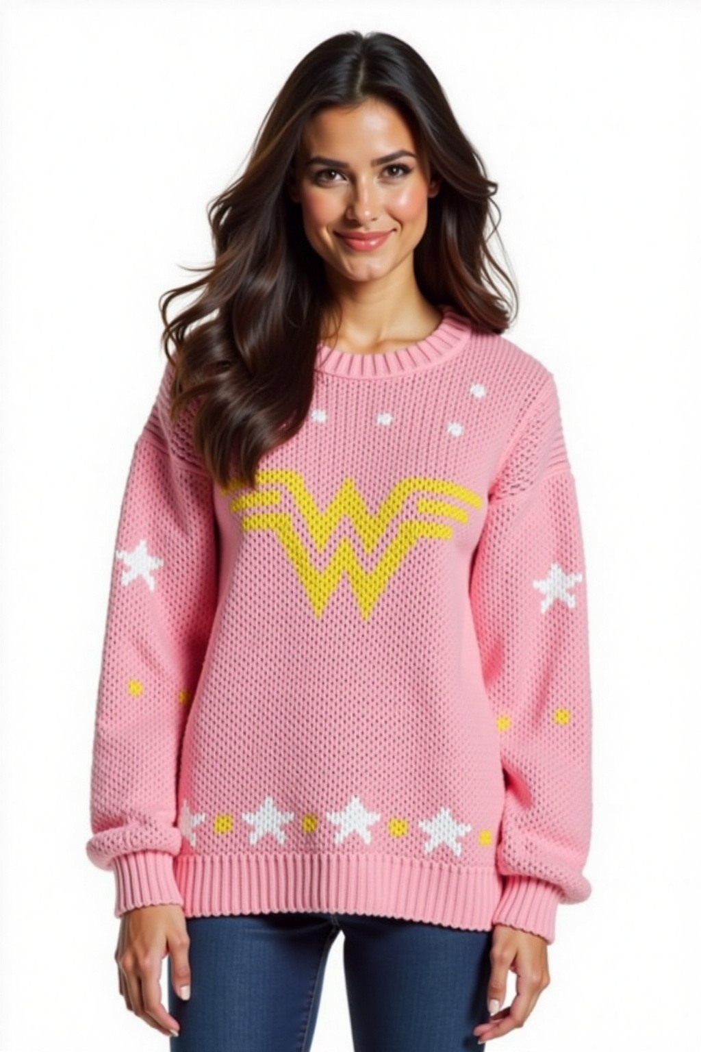 a wonder woman wearing pink ugly sweater with pattern depicting a W symbol,  white background on Tensor.Art