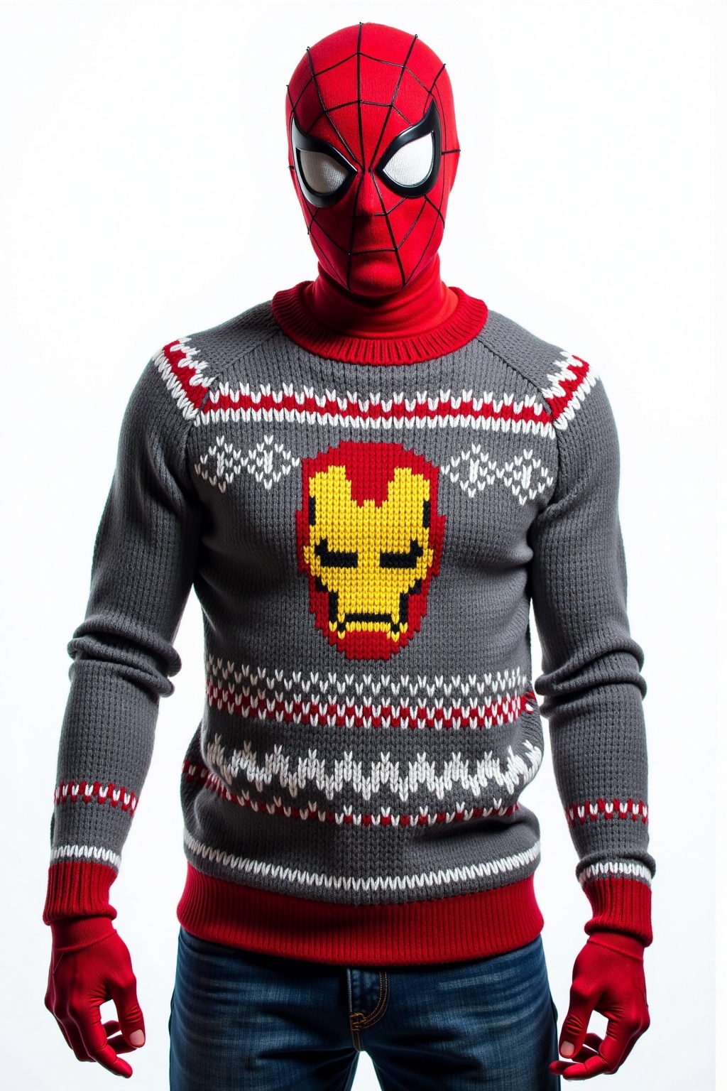(spiderman) wearing gray ugly sweater with pattern depicting a ironman head,  white background on Tensor.Art