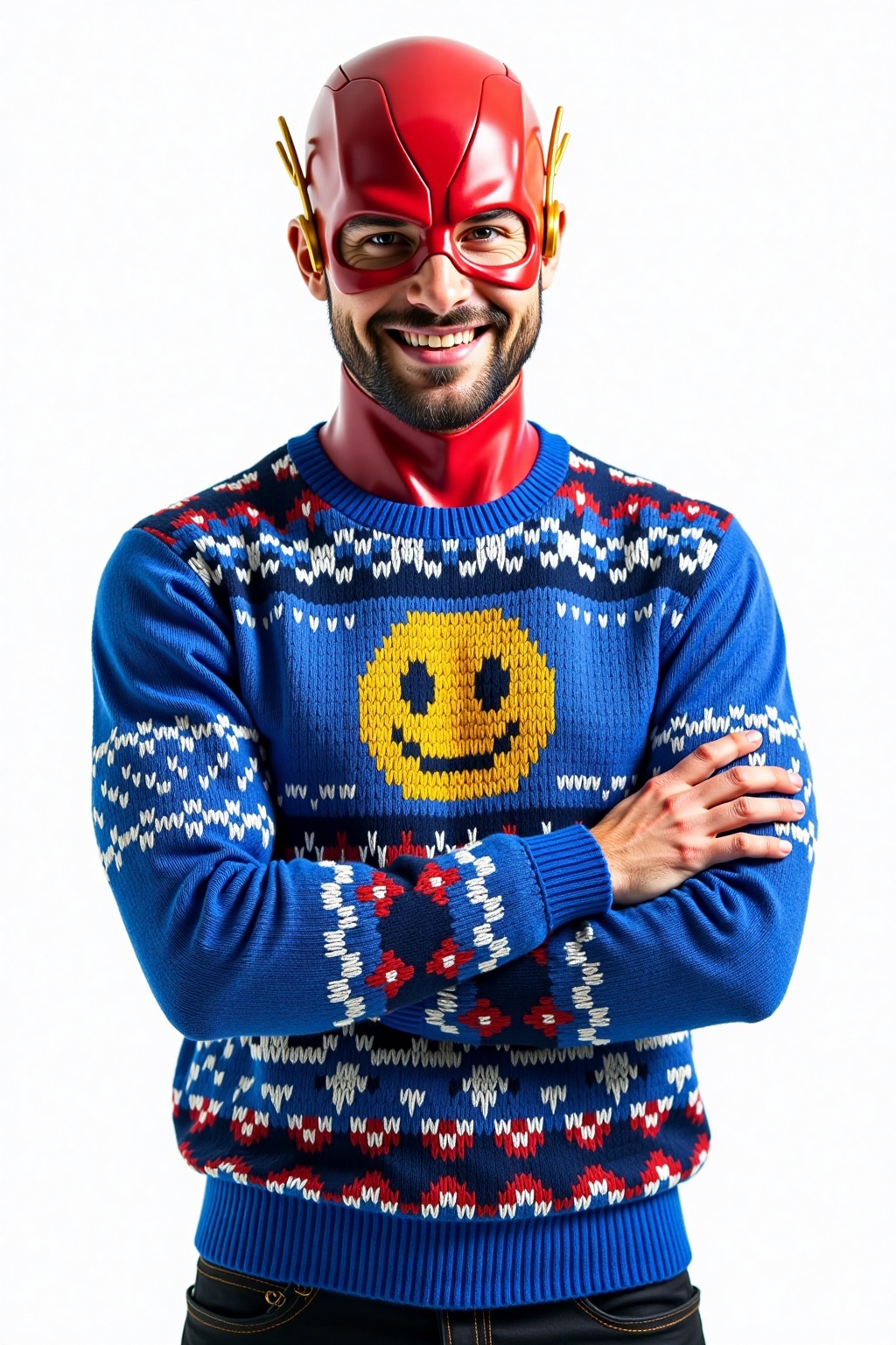 (The flash) wearing blue ugly sweater with pattern depicting a emoji 🤣,  white background on Tensor.Art