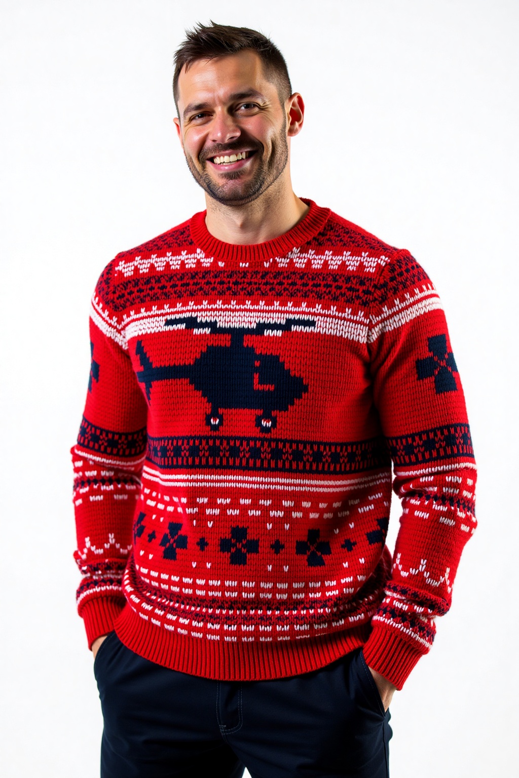 a man wearing red ugly sweater with pattern depicting a helicopter,  white background on Tensor.Art