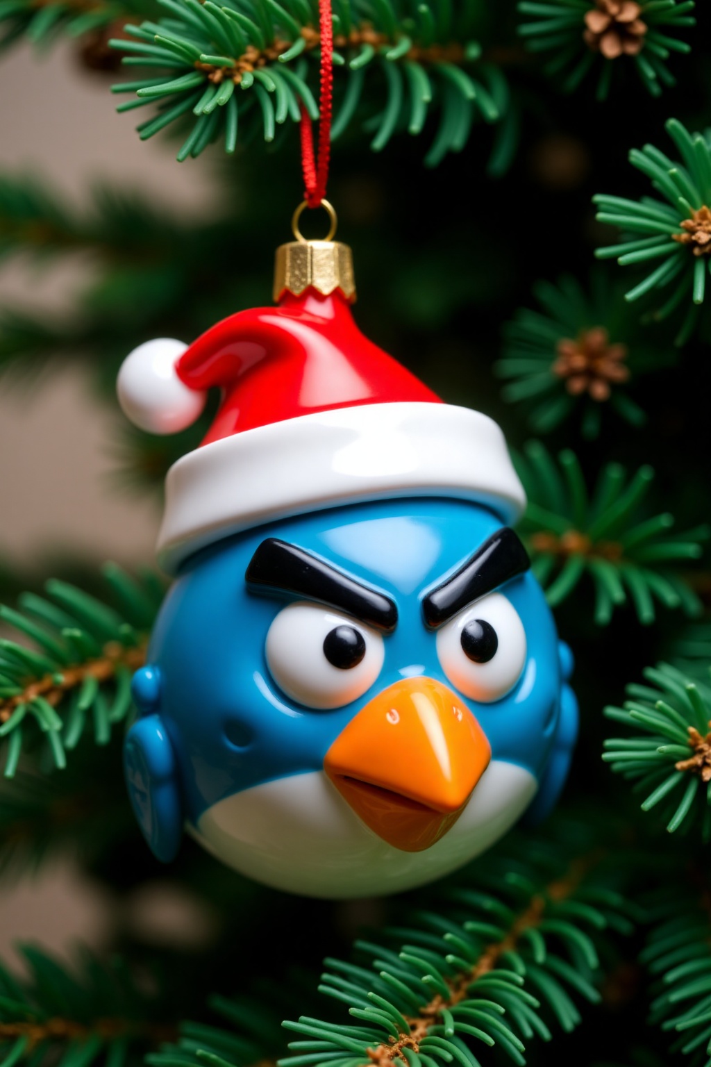 christmas_ornament,  christmas ornament of a Blue Angry Bird wearing santa hat,  hanging from a green Christmas tree on Te...