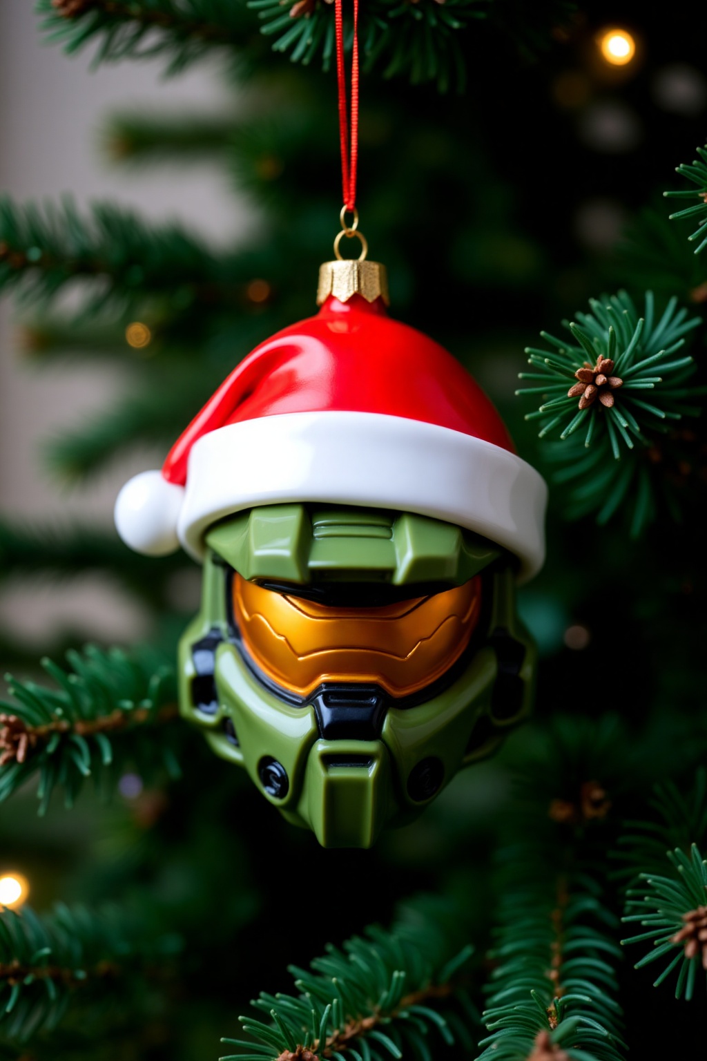 christmas_ornament,  christmas ornament of a Master Chief helmet wearing santa hat,  hanging from a green Christmas tree o...