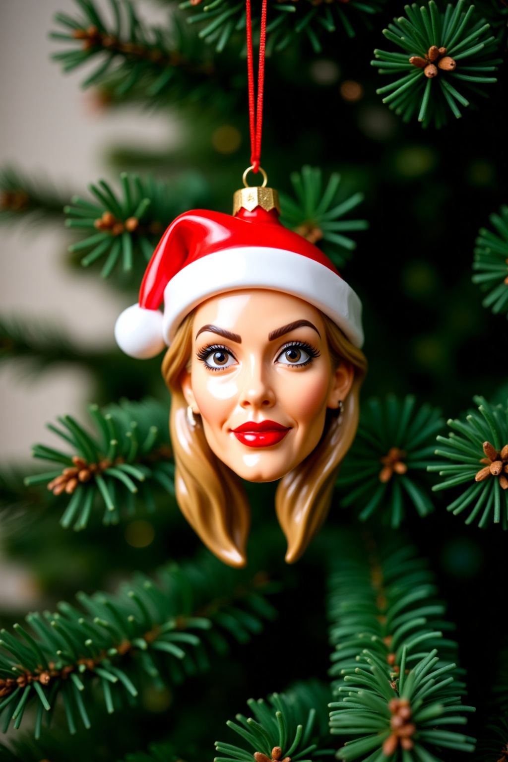 christmas_ornament,  christmas ornament of a angelina jolie head wearing santa hat,  hanging from a green Christmas tree o...