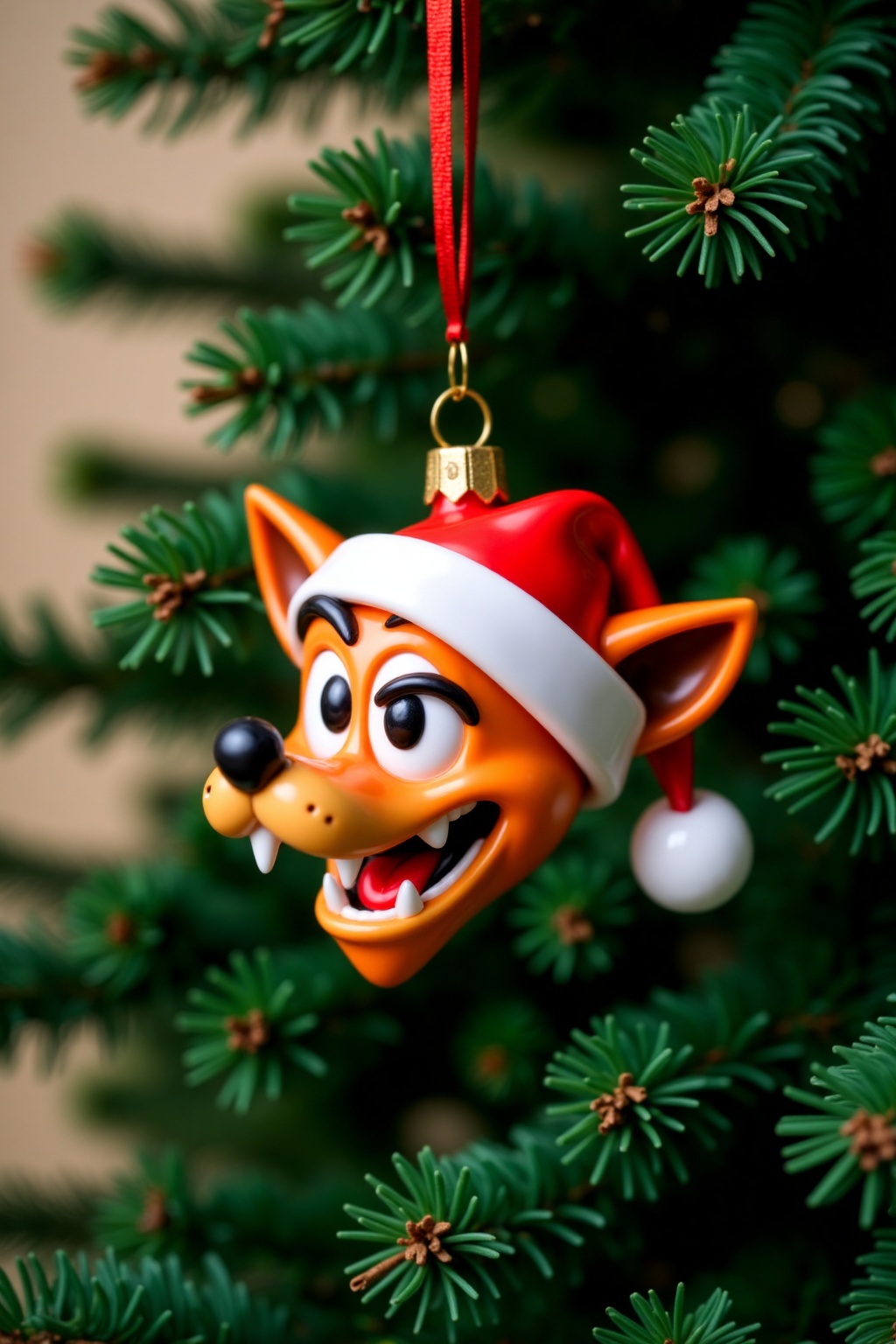christmas_ornament,  christmas ornament of a Crash Bandicoot wearing santa hat,  hanging from a green Christmas tree on Te...