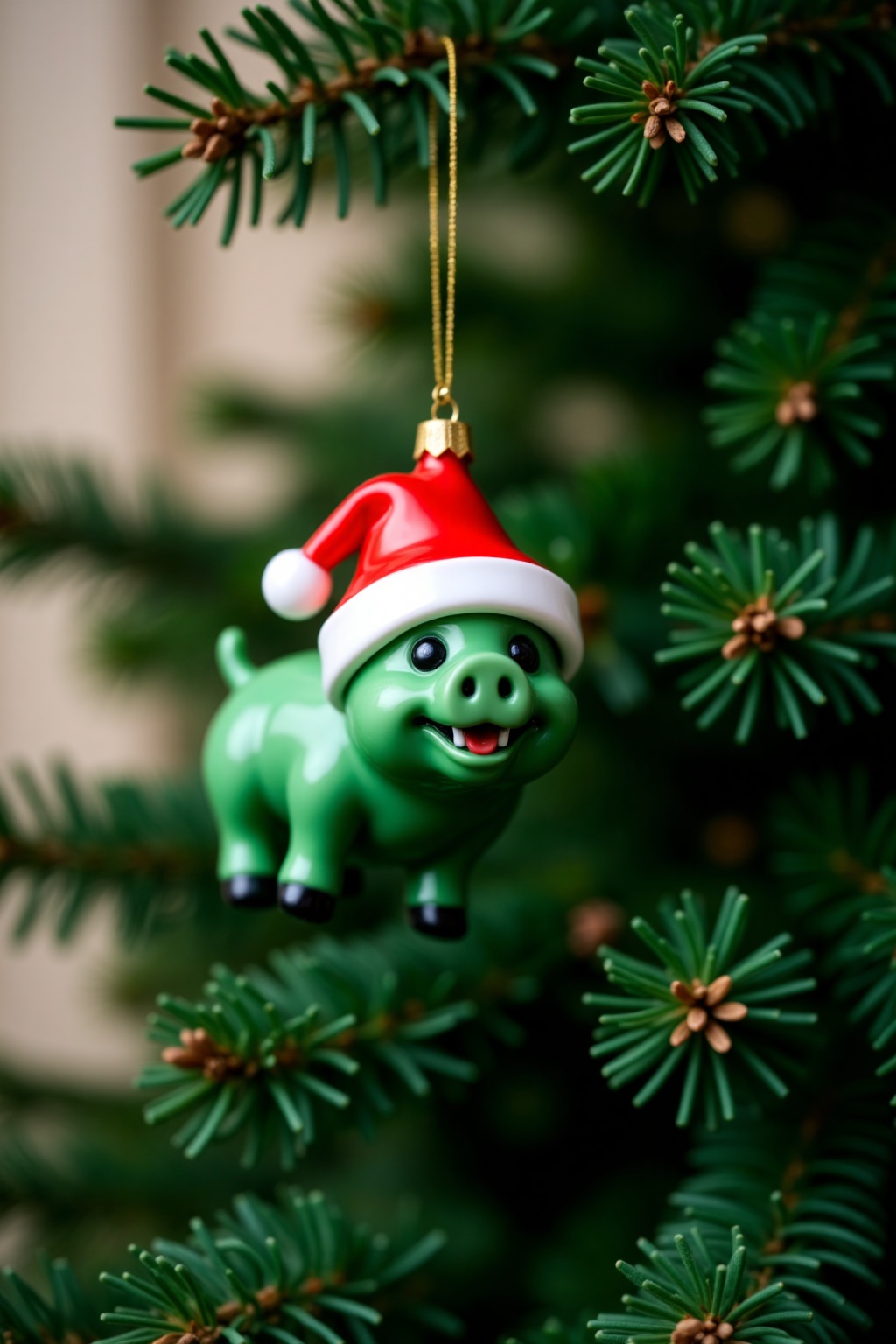christmas_ornament,  christmas ornament of a Green Pig wearing santa hat,  hanging from a green Christmas tree on Tensor.Art