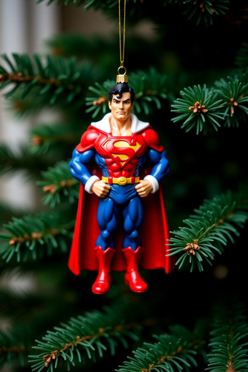 christmas_ornament,  christmas ornament of a superman fullbody wearing santa's jacket,  hanging from a green Christmas tre...