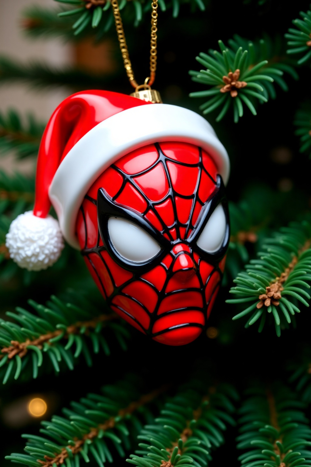 christmas_ornament,  christmas ornament of a spiderman head wearing santa hat,  hanging from a green Christmas tree on Ten...