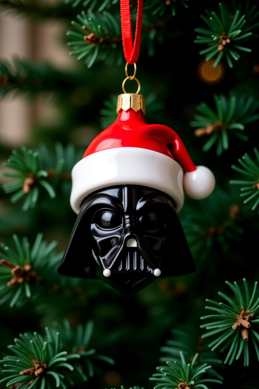 christmas_ornament,  christmas ornament of a dart vader helmet wearing santa hat,  hanging from a green Christmas tree on...