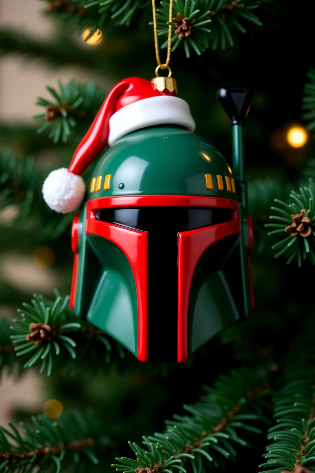 christmas_ornament,  christmas ornament of a Boba Fett head wearing santa hat,  hanging from a green Christmas tree on Ten...