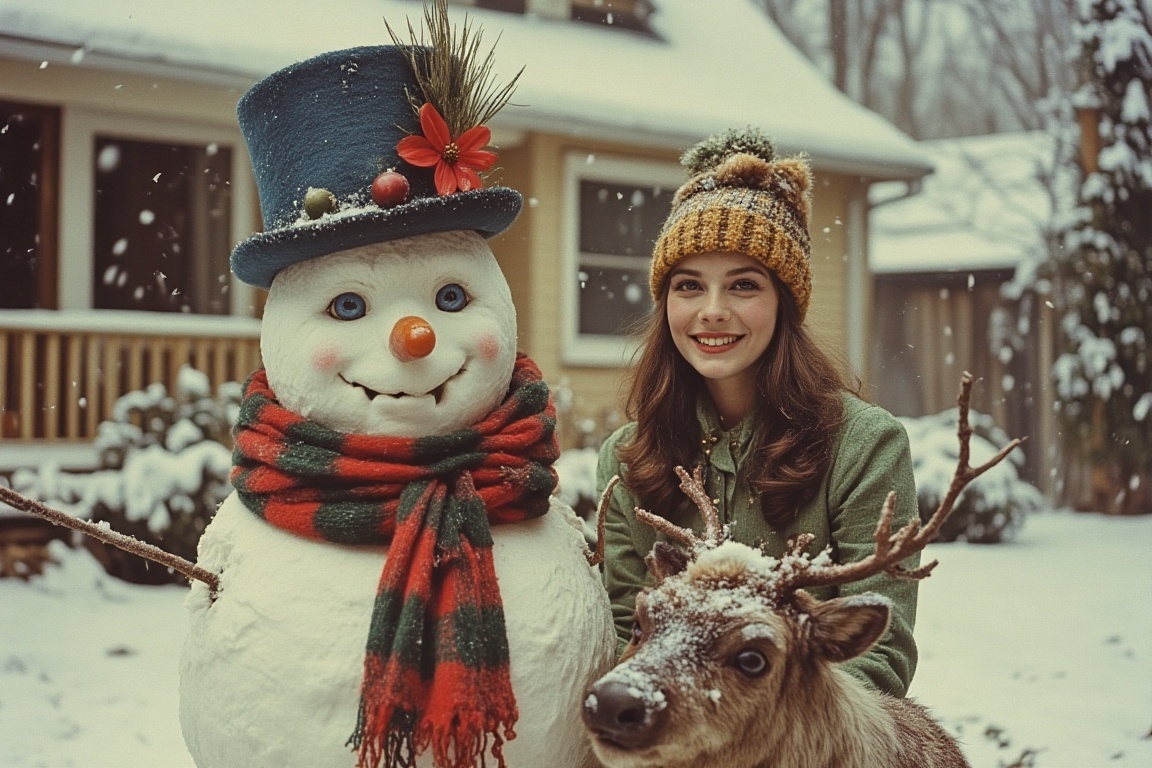 Ultra-realistic,  long shot winter scene. At the center is a snowman adorned with a large blue felt hat,  decorated with a...